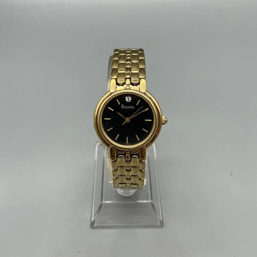 Bulova Womens Watch 24mm Black Dial Gold Tone Bracelet Diamond New Battery 6.75